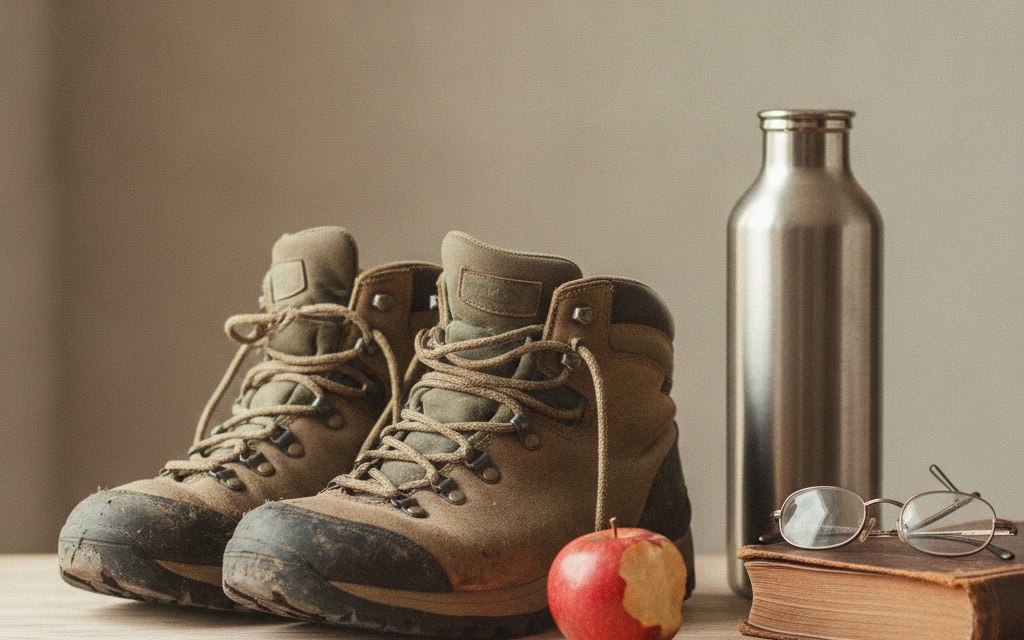 Scarpe da camminata, una borraccia d'acqua e una mela su un tavolo di legno chiaro