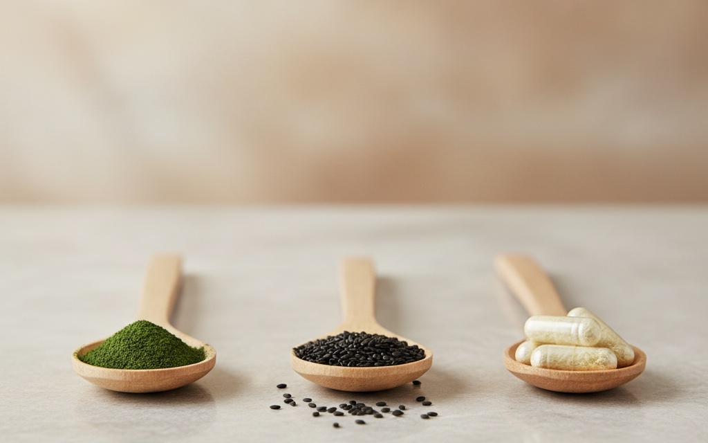 Cucchiai di legno con polvere di spirulina, semi di chia e capsule di fibra su un piano chiaro