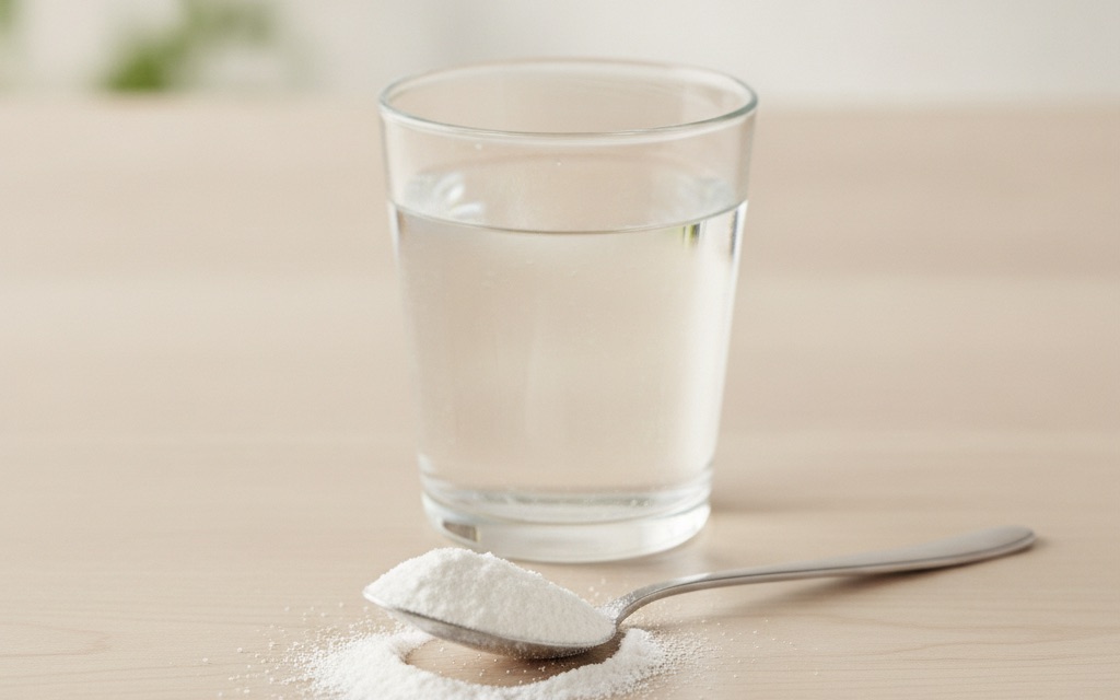 Cucchiaio di fibra solubile in polvere accanto a un bicchiere d'acqua su un piano di legno chiaro