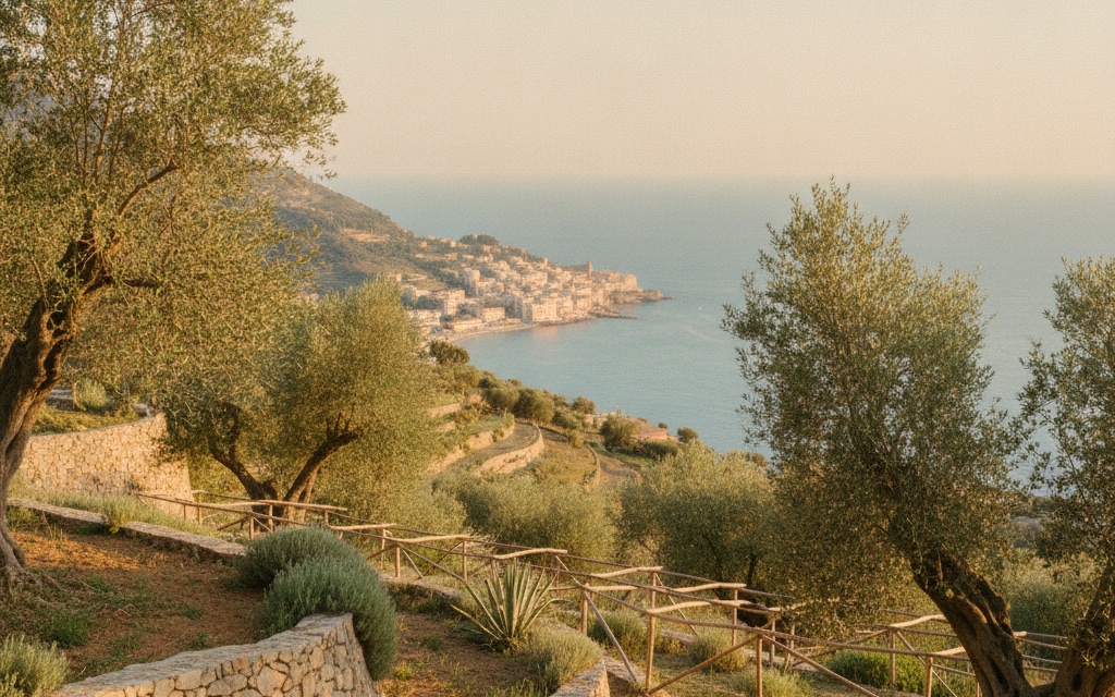 Uliveto su una collina della costa italiana con il mare sullo sfondo, luce calda di fine giornata